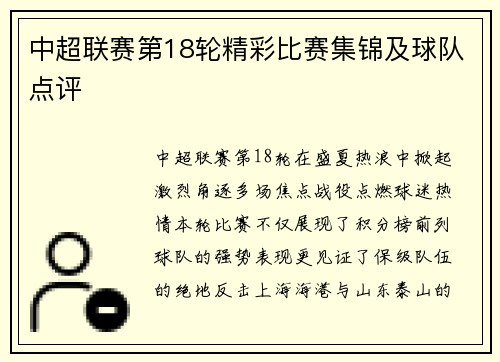 中超联赛第18轮精彩比赛集锦及球队点评